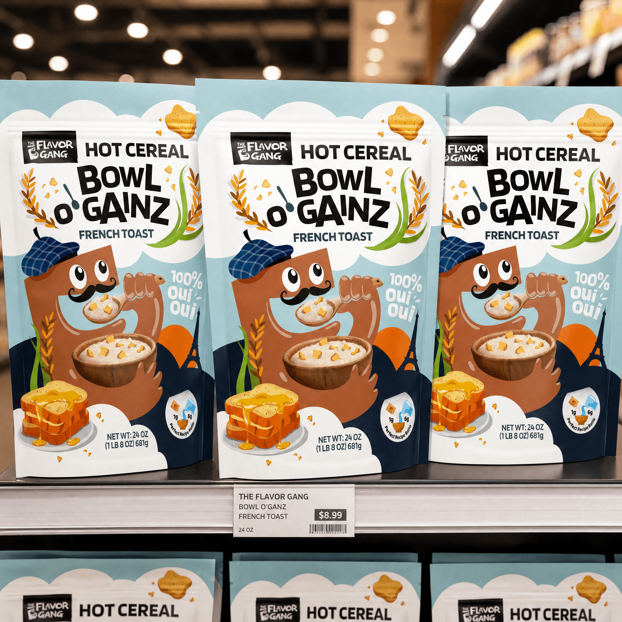 The Flavor Gang French Toast Bowl O’ Gainz hot cereal bags displayed on a retail store shelf.