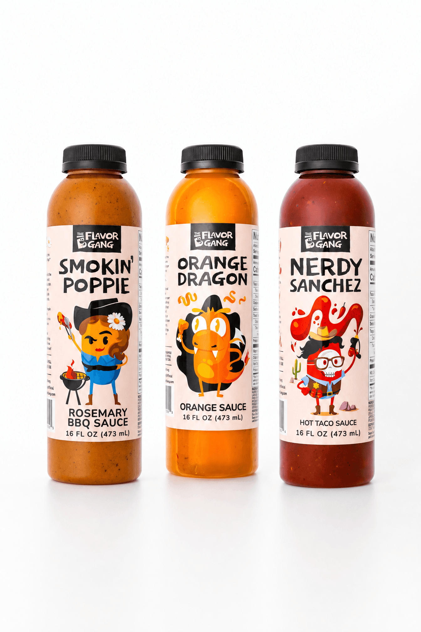 The Flavor Gang sauces: Smokin' Poppie Rosemary BBQ, Orange Dragon, and Nerdy Sanchez Hot Taco, 16 fl oz each