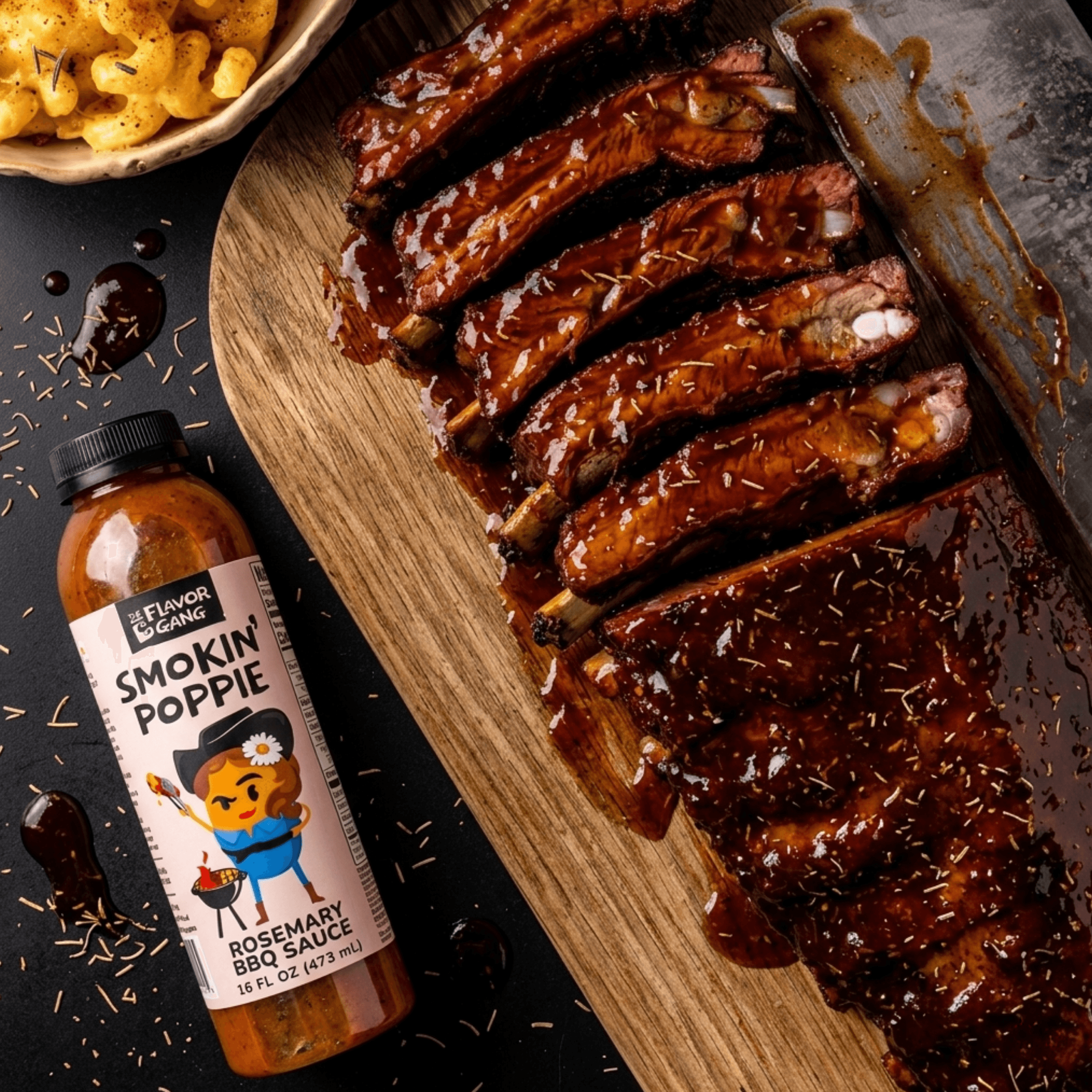 The Flavor Gang Smokin' Poppie Rosemary BBQ Sauce bottle beside a board of glazed barbecue ribs and a bowl of mac and cheese