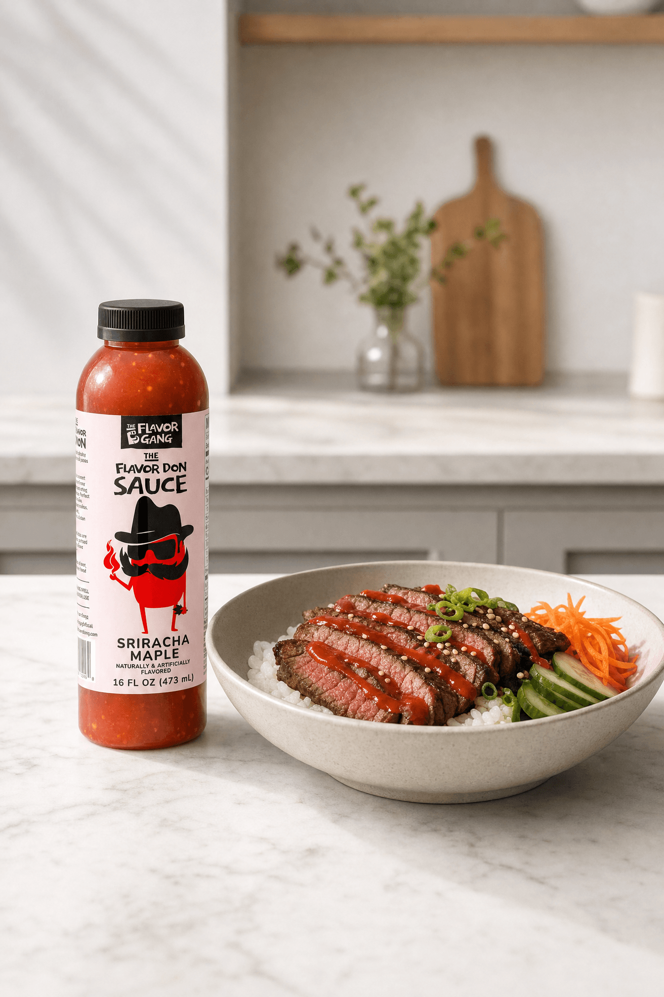 The Flavor Gang Flavor Don sriracha maple sauce beside a steak rice bowl drizzled with the same sweet-spicy sauce