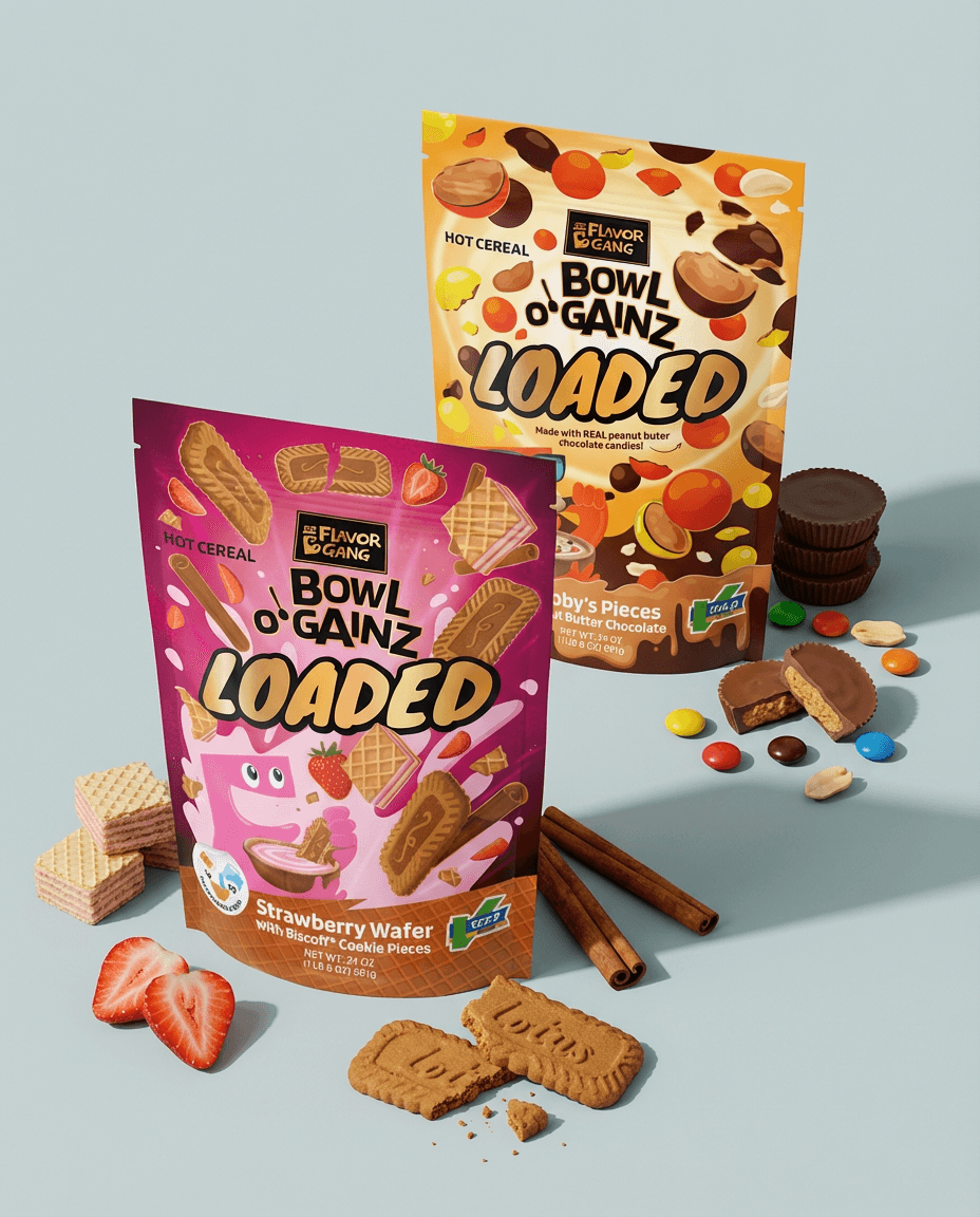 Two bags of The Flavor Gang Bowl O’ Gainz Loaded hot cereal on a light blue background: Strawberry Wafer with Biscoff cookie pieces in front and Bubby’s Pieces peanut butter chocolate behind it, surrounded by strawberries, wafers, cookies, cinnamon sticks, chocolate cups, peanuts, and candy pieces.
