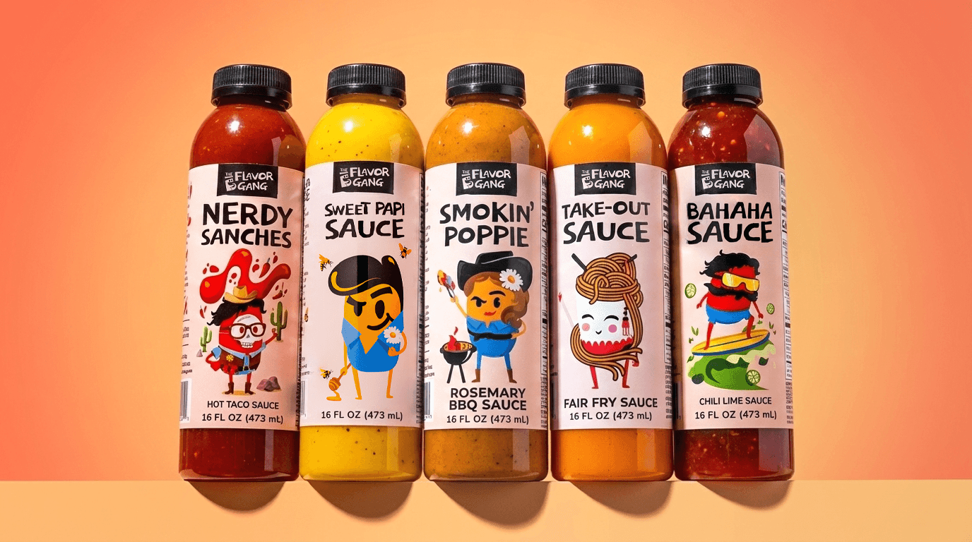 Five bottles of The Flavor Gang sauce lined up on an orange background, featuring Nerdy Sanches, Sweet Papi Sauce, Smokin’ Poppie, Take-Out Sauce, and Bahaha Sauce.